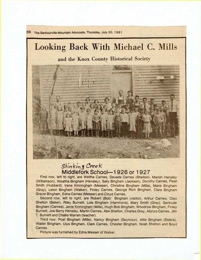 Stinking Creek Middlefork School 1926 or 1927